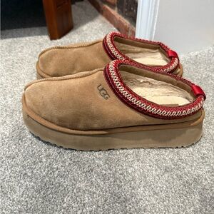 UGG Chestnut Suede Platform Clogs with Red Trim